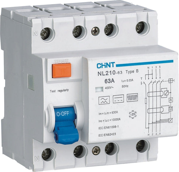 CHINT NL210 jordfeilbryter - Type B - 63A / 30mA - 3+N (4-Pol)</b>  - Elbilgrossisten